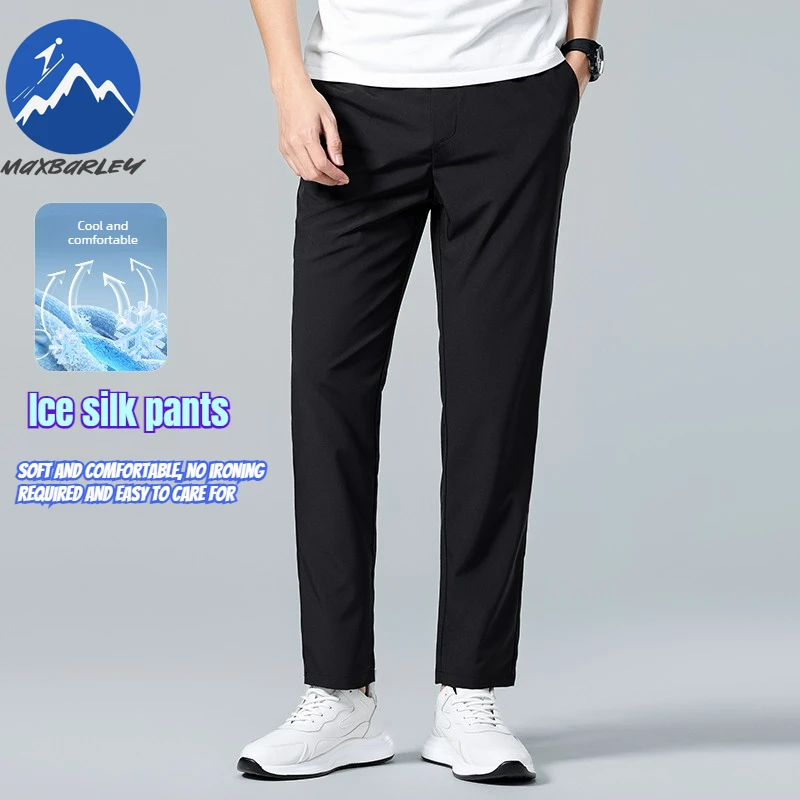 

Maxbarley Business Thin Pants Men Fashion Ice Silk Breathable Non-Ironing Straight Pants 2026 Summer Casual Black Work Trousers