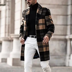 Men Casual Plaid Woolen Overcoat Autumn Winter New Mid Length Loose Comfortable Elegant Fashionable Versatile Woolen Overcoat