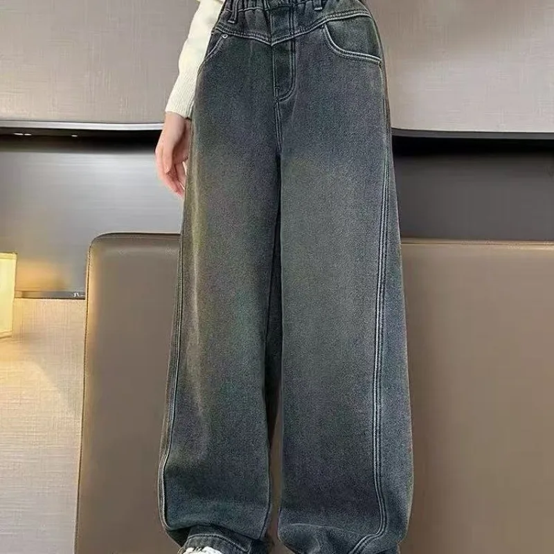Girls Wide Leg Jeans 2026 New Fleece Lined Winter Thick Warm Straight Denim Pants Kids Loose Casual Trousers