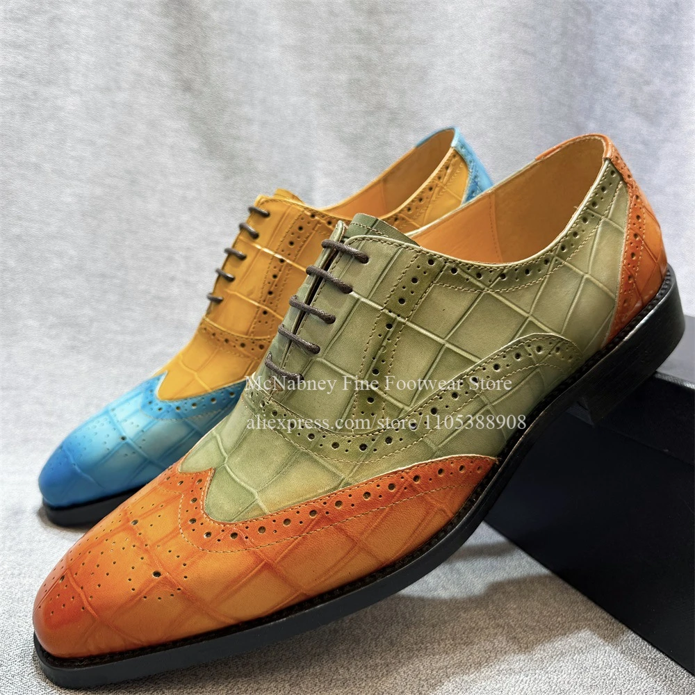 

Two-Tone Crocodile Embossed Wingtip Brogue Men Oxfords Shoes Lace up Formal Shoes Business Wedding Party Gentlemen Dress Shoes
