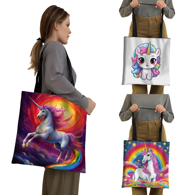 Cartoon Unicorn Print Tote Bags Fantasy Rainbow Unicorns Women Handbag Large Capacity Shoulder Bag Reusable Shopping Bags Gift