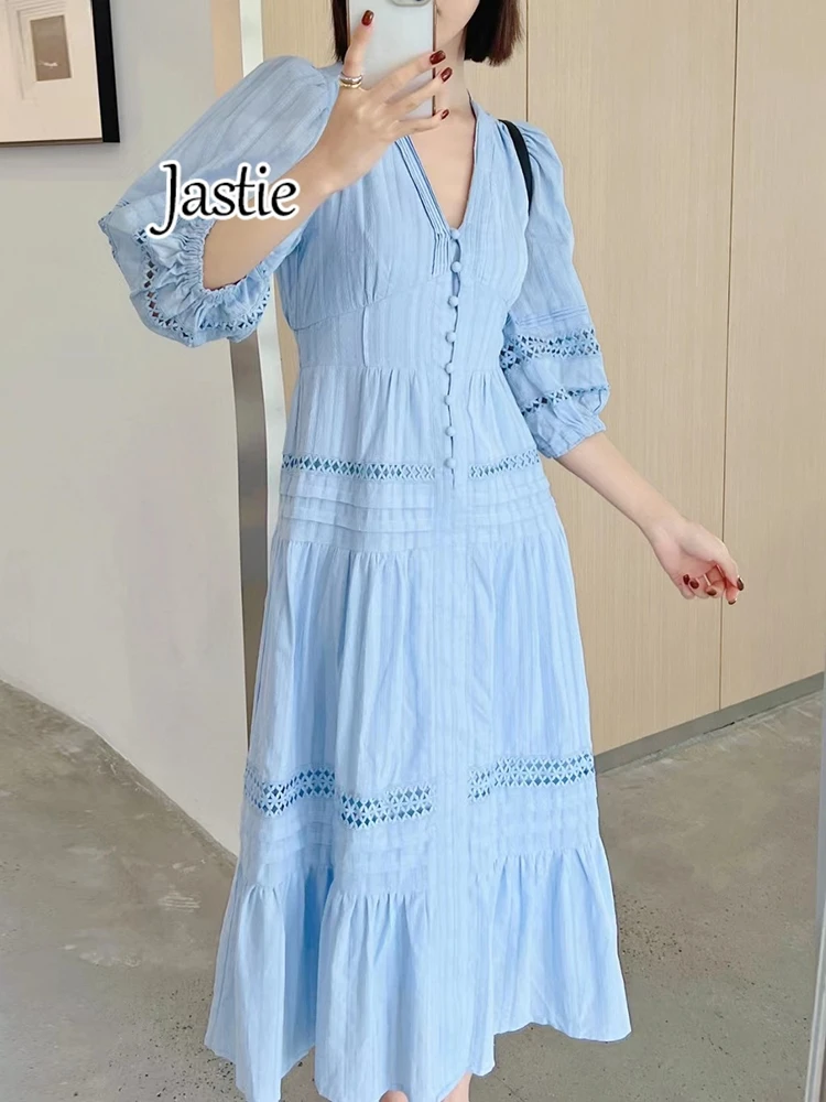 Jastie 2024 French Solid Puff Sleeve Dress Summer Loose V-Neck Hollow Long Dresses Elegant Single-breasted Maxi Dress For Women