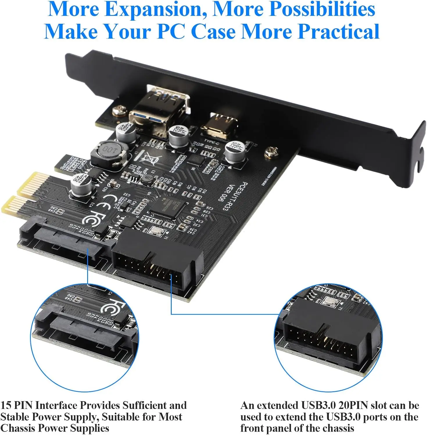 USB 3.2 GEN1 5Gbps External USB-A+Type-C Expansion Card, Built-in USB 3.0 20PIN Front Panel Connector and 15PIN Power Connector