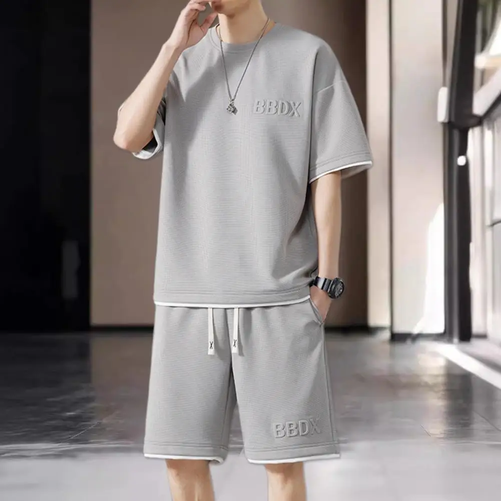 Three-dimensional Letter Decoration Outfit Men T-shirt Shorts Set Men's Summer Tracksuit O-neck T-shirt Wide Leg Shorts Set