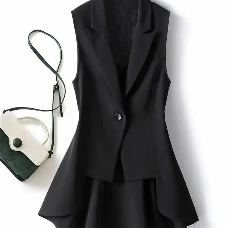 Women Long Blazer Vest Elegant Office Lady Coat 2024 Classic Female Waistcoat Casual Suits Sleeveless Jacket Pocket Outwear