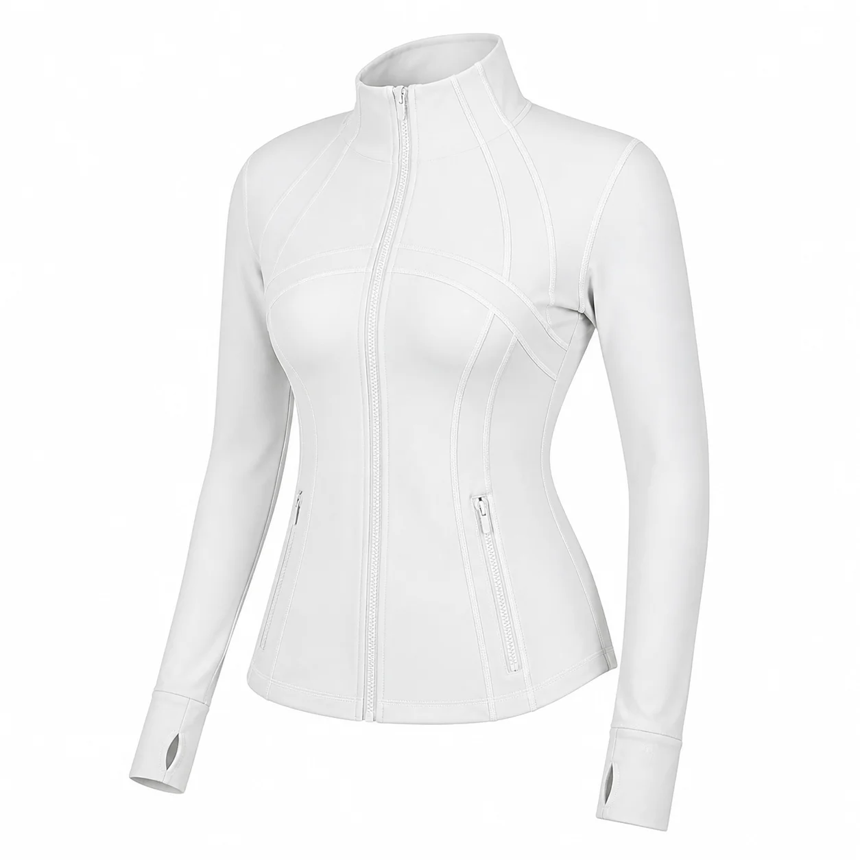 Women's White Slim Fit Full Zip Sports Jacket Stand Collar Long Sleeve Thumbhole Workout Running Yoga Outerwear