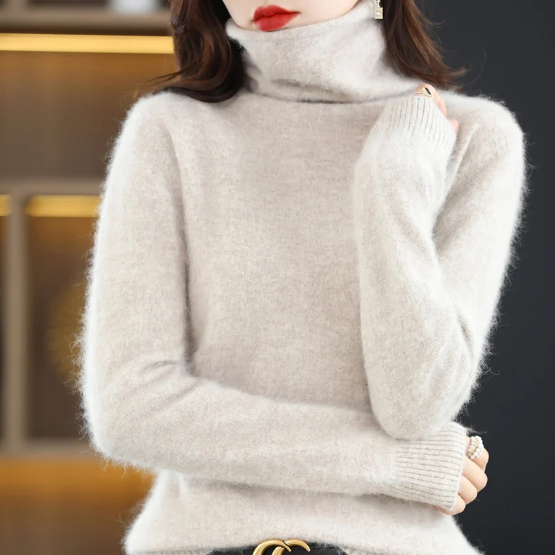 2024 Autumn/Winter New Mink Cashmere Women\'s Sweater Stacked Collar Hoodie Loose Large High Collar Knitted Warm Long Sleeve