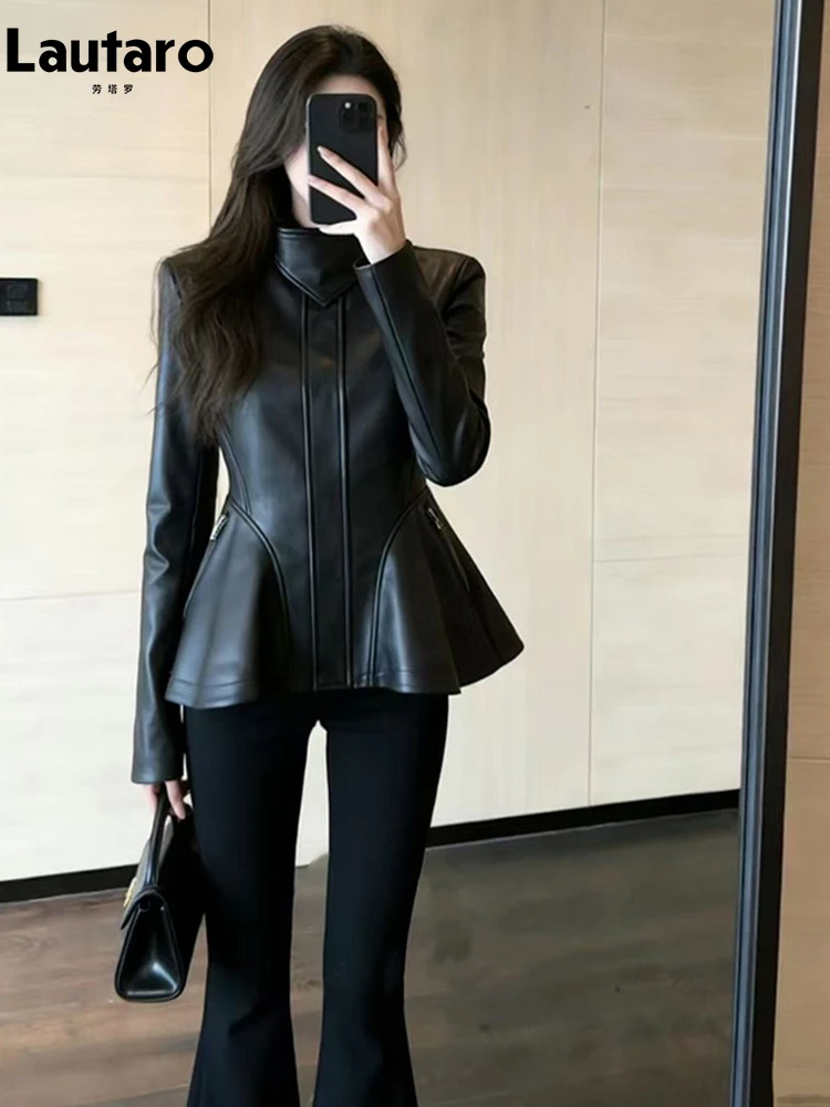 Lautaro Spring Autumn Cool Black Retro Soft Pu Leather Jackets for Women Zipper Stand Collar Elegant Luxury Designer Clothes