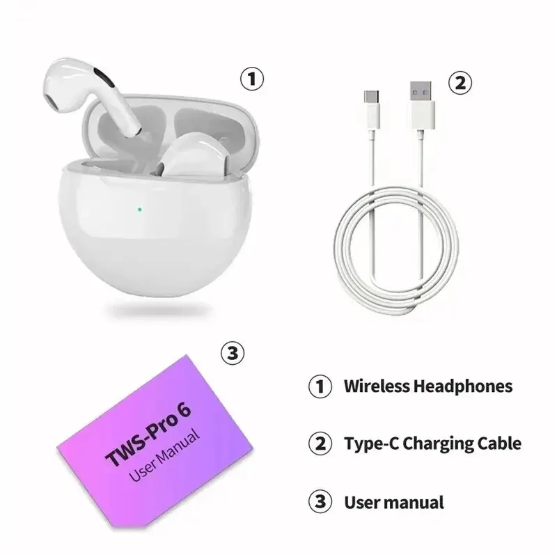 Original Air Pro 6 TWS Wireless Bluetooth Headset, 5.3 Headphones, Mini Earphones, with Microphone Charging Box, For Xiaomi IPho