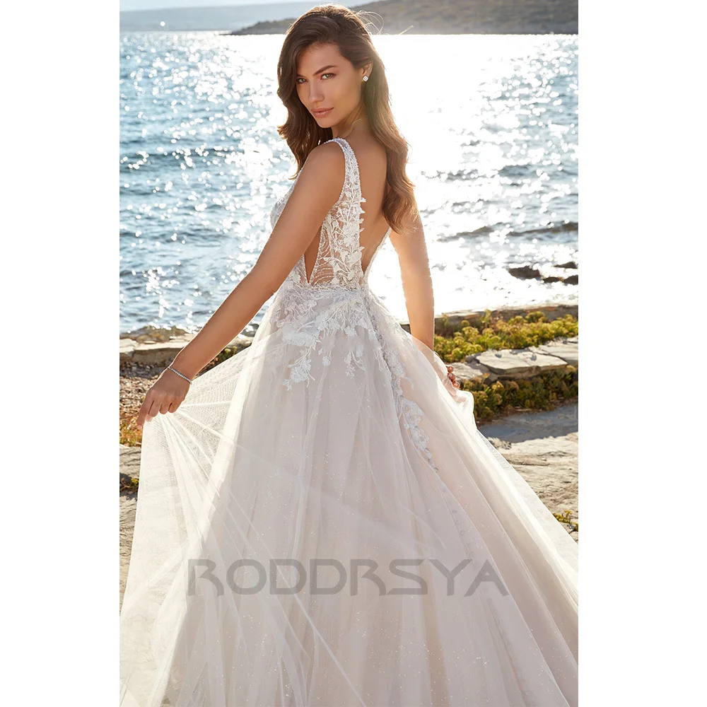 RODDRSYA Elegantes vestidos de casamento Boho para mulheres, decote em v, apliques A-Line, renda, sem encosto, personalizados, sexy, 2023