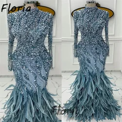 Vestidos de Noche formales de lujo con cuentas de plumas, vestidos de sirena de manga larga para mujer de Dubái para ocasiones especiales, batas para fiesta de boda y graduación