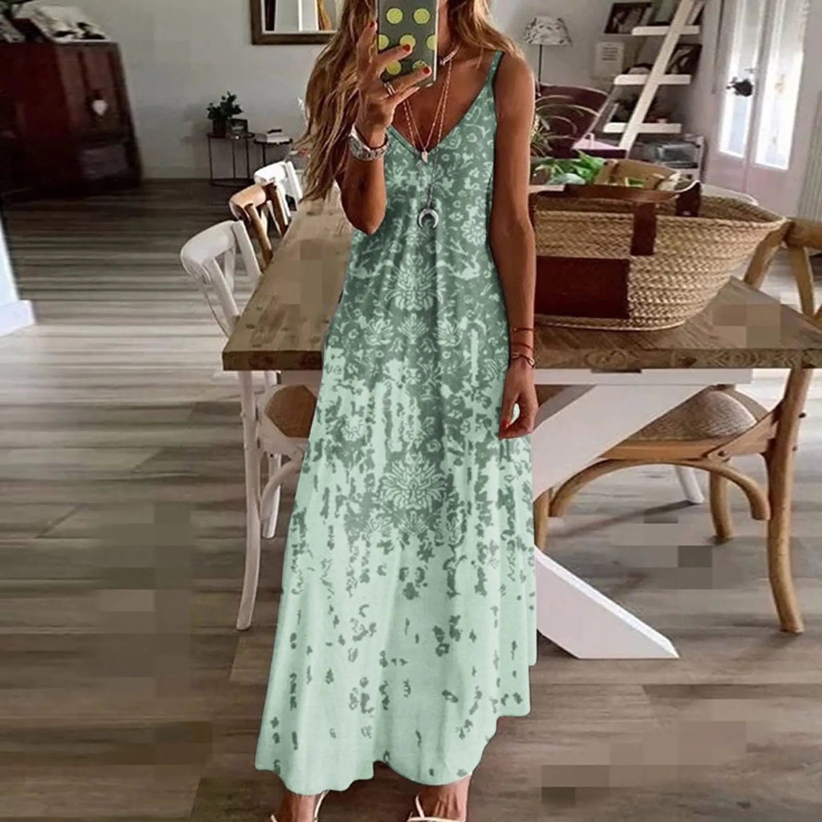 

Casual Bohemian Beach Spaghetti Strap Dress Women Summer V-Neck Sleeveless Long Dress Female A-Line Printed Backless Dresses