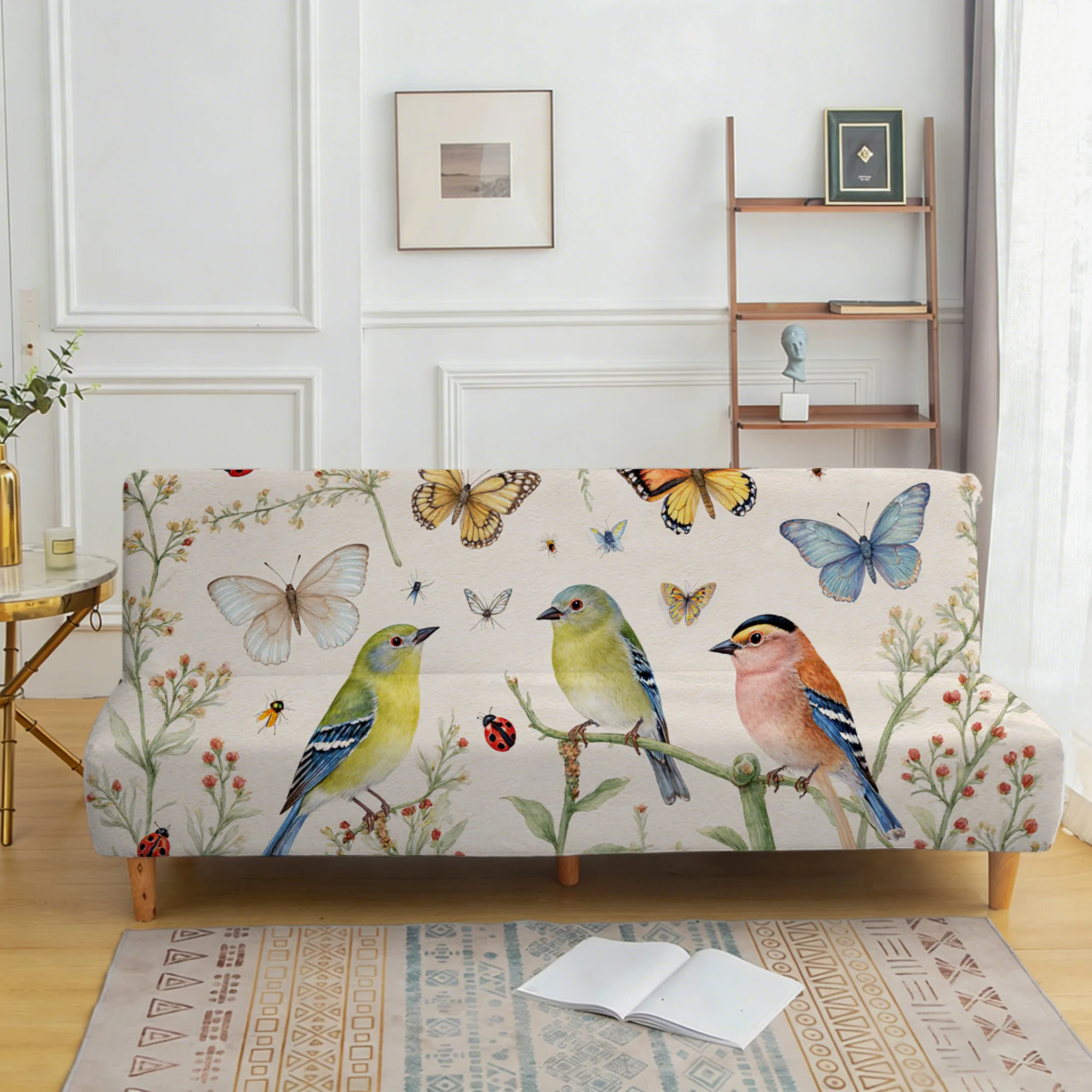 

Эластичное покрывало для дивана с пасторальным рисунком цветов, птиц и насекомых, подходит для различных видов домашнего декора, легко устанавливается, можно стирать в машине.