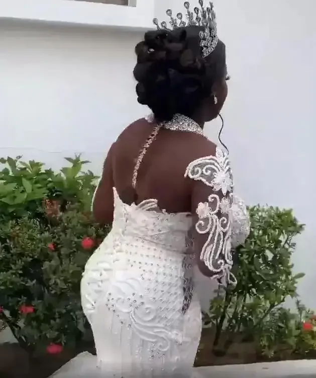 Vestidos de novia de sirena lujosos de talla grande personalizados, cuello transparente, encaje, fiesta Formal, segunda recepción, árabe, Aso Ebi, BBeade brillante