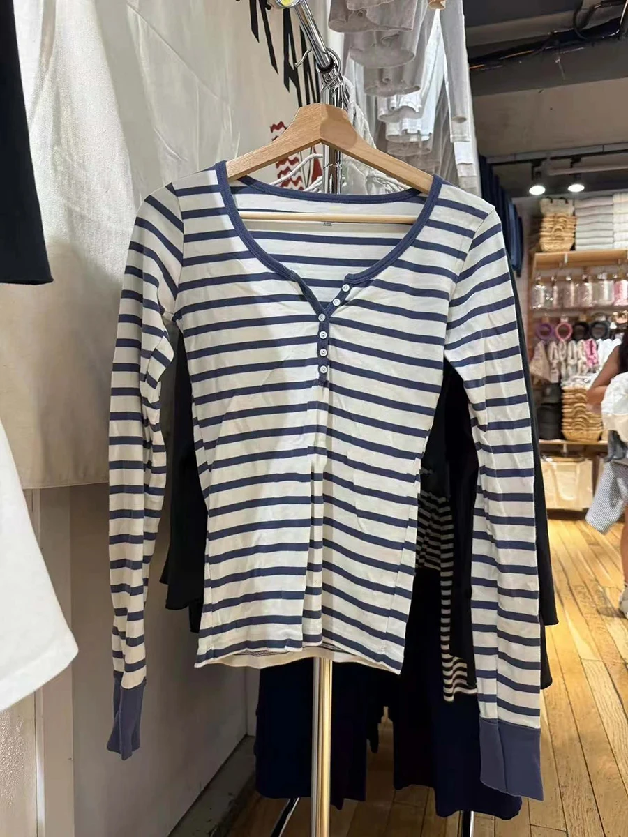 Vintage Gestreepte Slanke T-shirts Met Lange Mouwen Herfst Casual Ronde Hals Streetwear Katoen Tees Vrouwen Klassieke Harajuku Knop Tops Y2k