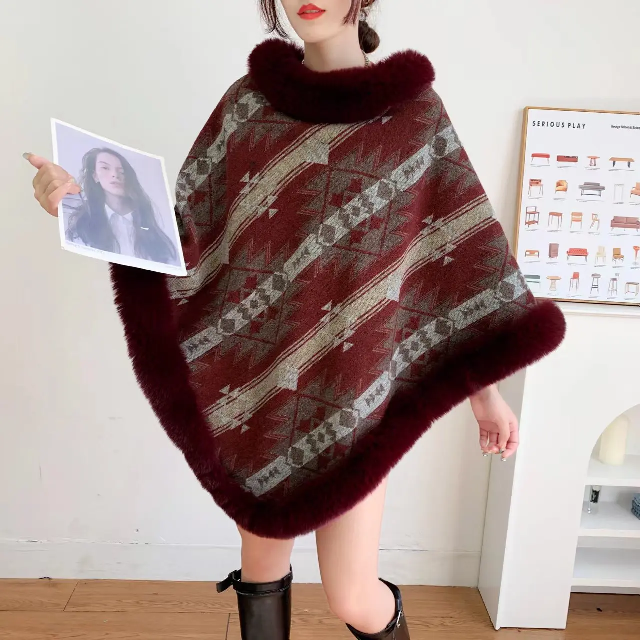 

Warm Plaid Rabbit Fur Stole Cross-Border Winter Women's Knitted Scarf Faionable Tassel Detailing Cozy Thermal awl
