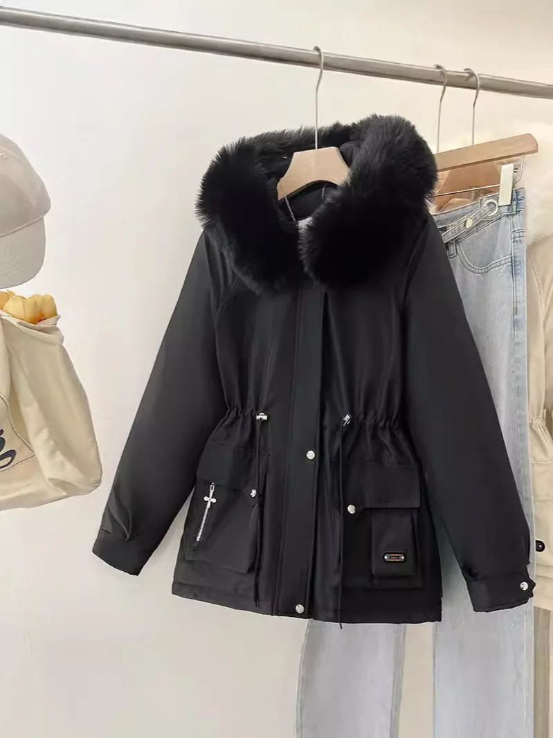 

Parkas Real Womens Autumn Mock Artificial Turn-Down Splice Rainproof Heavy Hoody Sweet Stiff Slim-Fitting Deconstructed Youthful