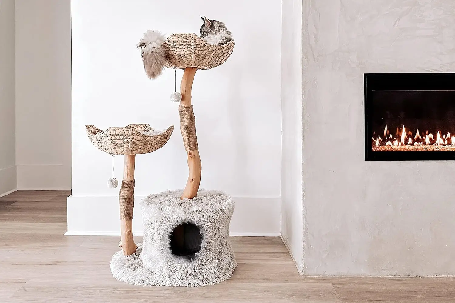 MAU Modern Cat Tree Tower for Large Cats, Real Branch Luxury Cat Condo, Wood Cat Tower, Cat Scratching Tree, Cat Condo