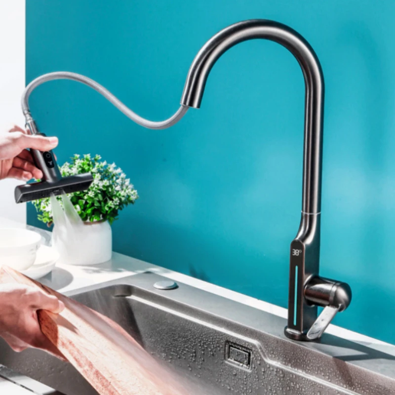 Pull Out Rainfall Kitchen Faucet Temperature Digital Display Rotation Mixer 3 Modes Sprayer Nozzle Hot Cold Sink Water Tap Crane