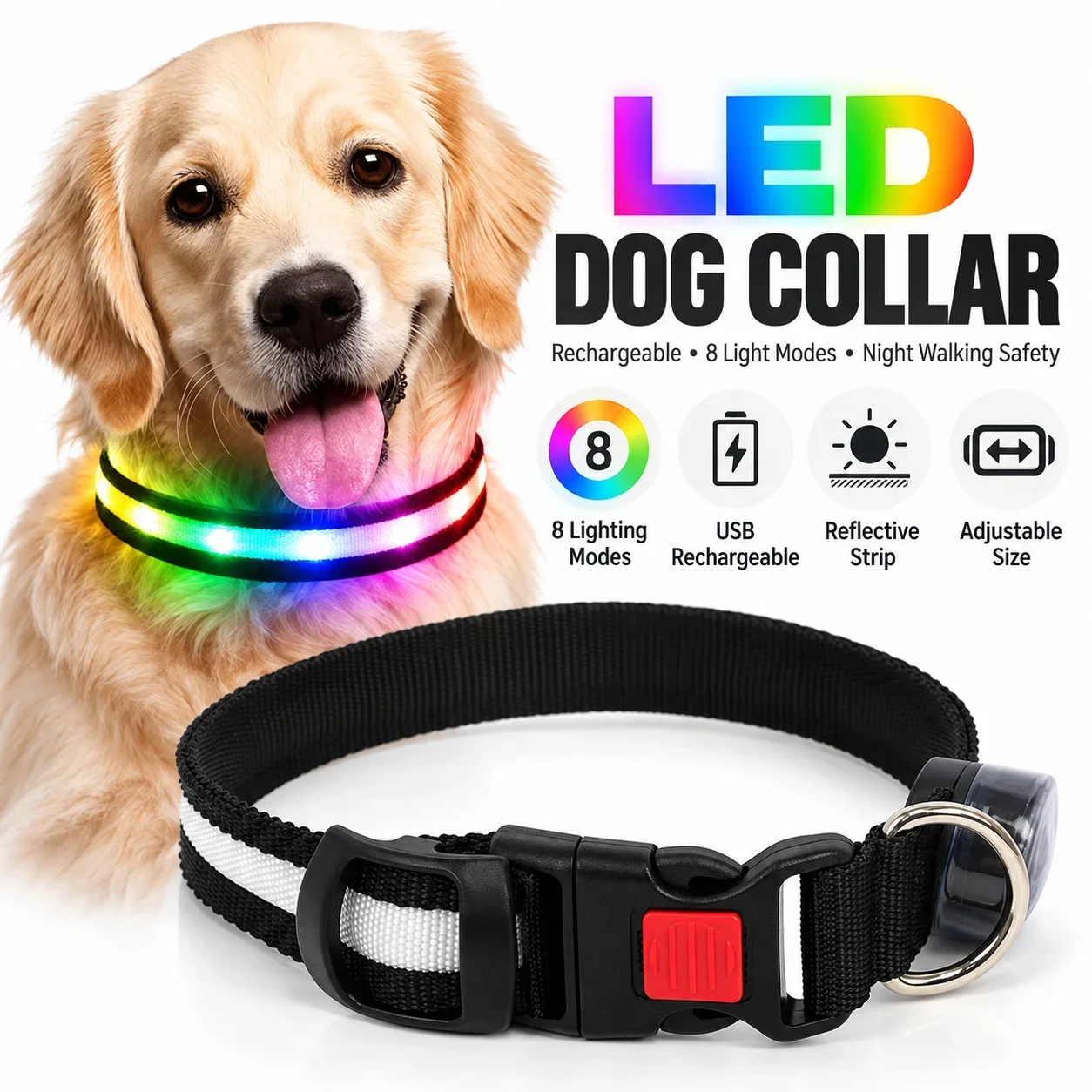 Rechargeable LED Dog Collar, Adjustable Light Up Pet Collar with 8 Lighting Modes for Night Walking