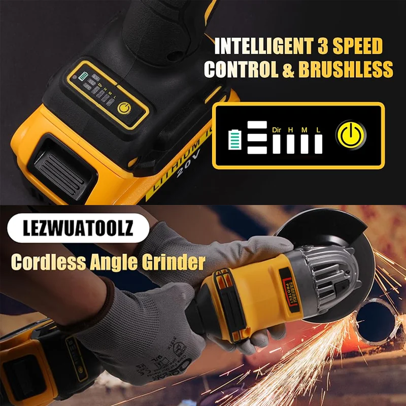 Image 6: Meuleuse d'angle électrique sans fil 125 mm, outil de polissage et de meulage électrique sans balais, compatible avec la batterie Dewalt 20V.
