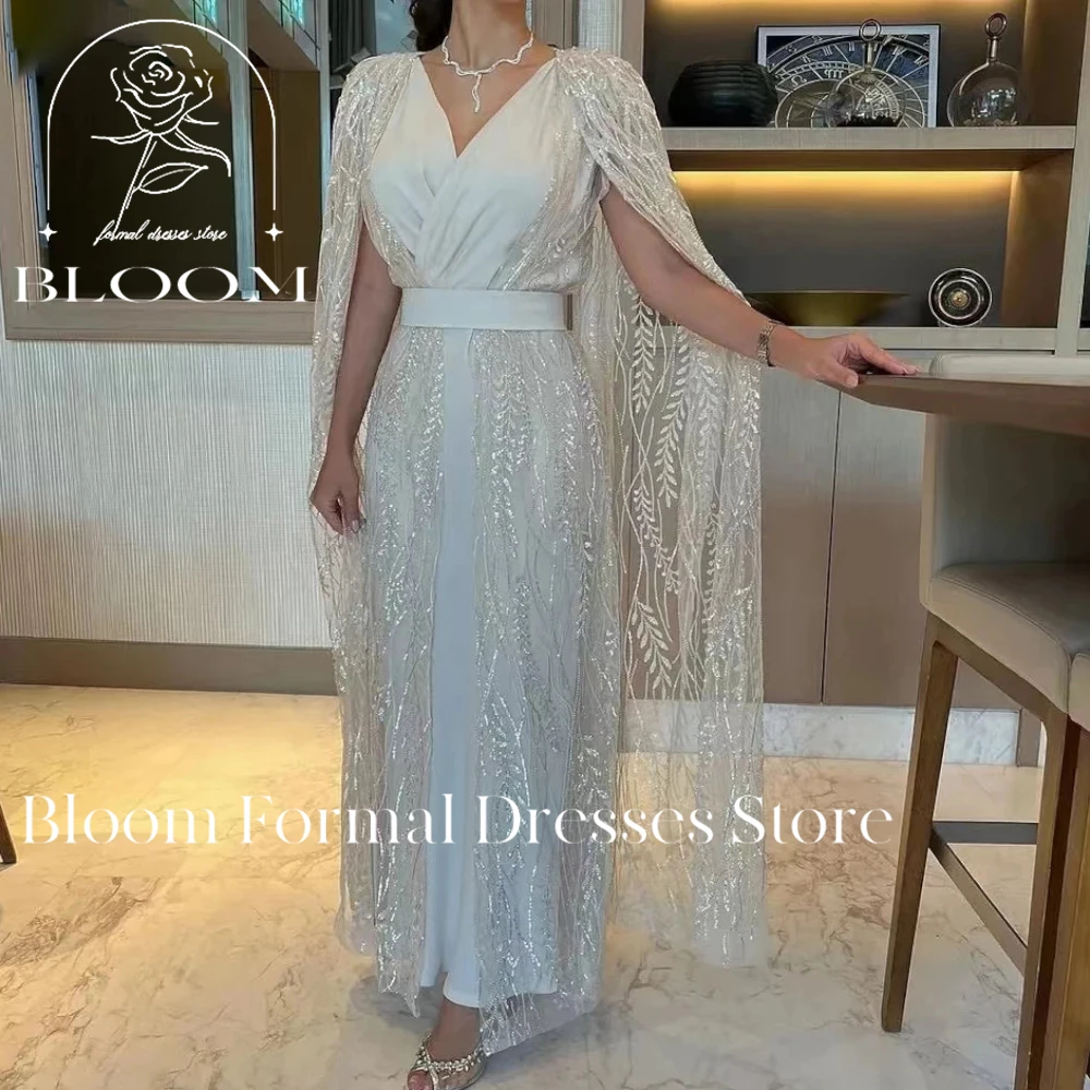 Bloom Customized V-neck Evening  Sequins Tulle Cape Ankle-length Elegant Prom Dresses Fashion Design Formal Occasion Dresses