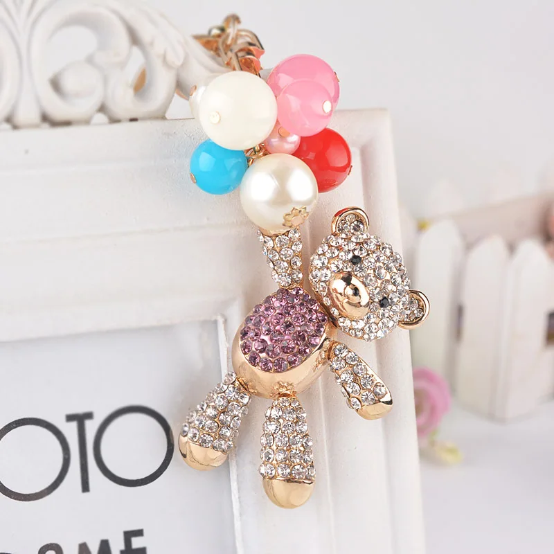 Unique Fun Bear Keychain Gift For Girls Pure Handmade DIY Artificial Diamond Cute Bear Car Keychain Pendants And Bag Ornaments