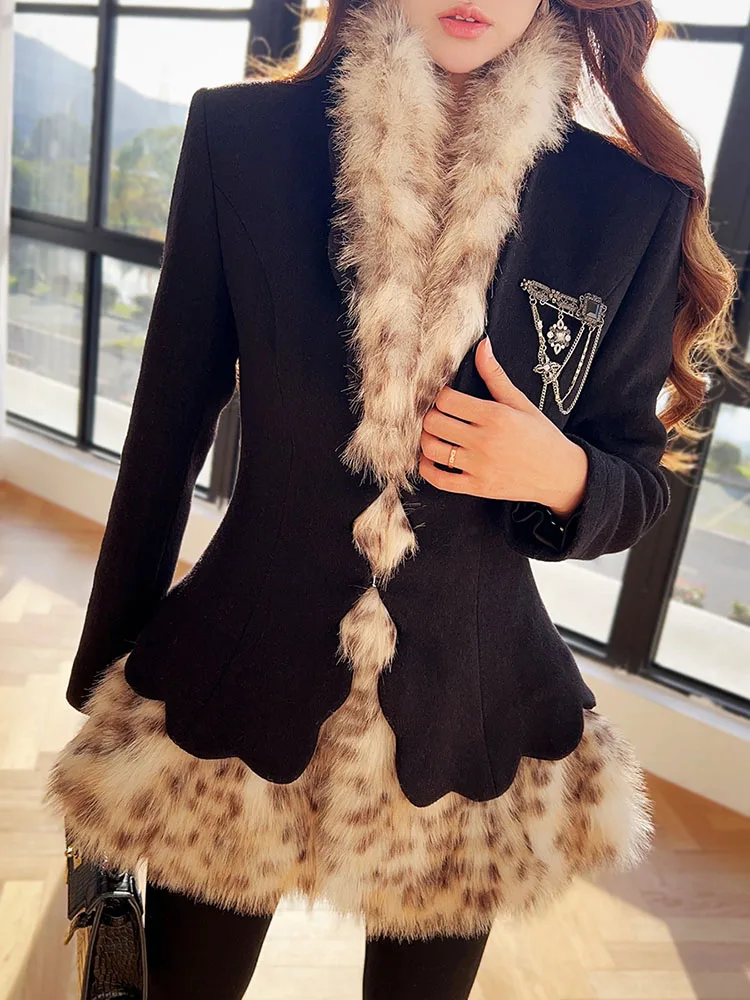 Dabuwawa ขนสัตว์สองด้านเสื้อขนสัตว์ Patchwork ผู้หญิง Empire สั้น Coat Outwear Y2K DA1DOT008