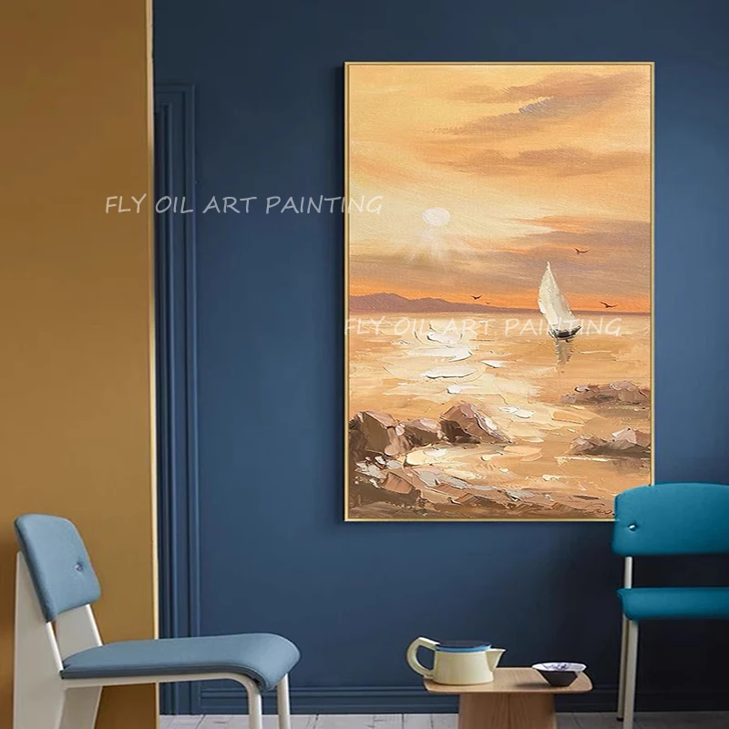 

100% Handmade orange picture landscape artwork picture ocean sea with sailboat thick Oil Painting Porch Aisle For Living Room