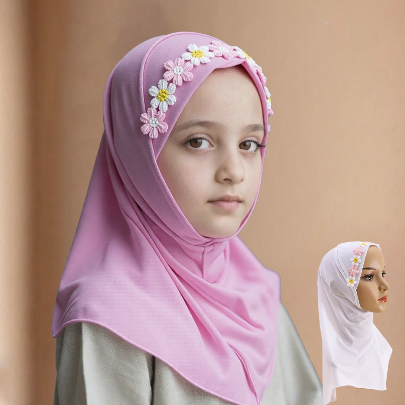 1 قطعة قبعات الحجاب زهرة فتاة وشاح عربي إسلامي حجاب إسلامي قبعة أميرة سحب على غطاء الرأس وشاح فتاة جميل 2-6 سنة