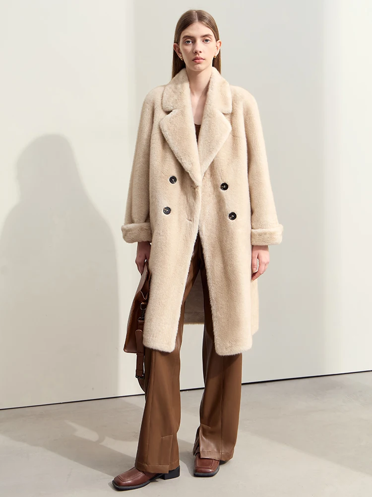 AMII Minimalist Camel Imitation Mink Fur Coat Suit Collar Double Breasted Raglan Sleeve Lady 2024 Winter Long Overcoat 12424024