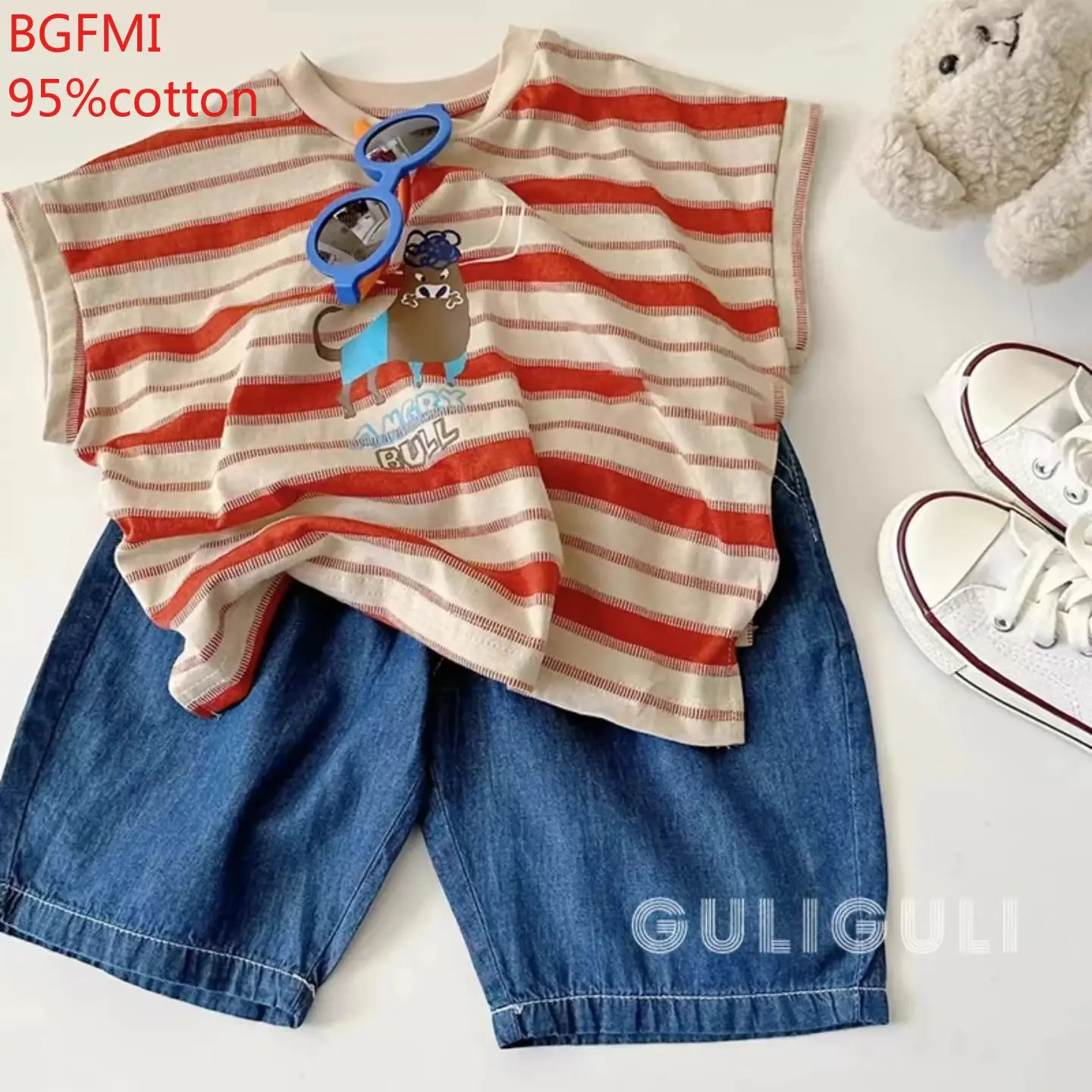 Baby Boys Summer Sleeveless Set Korean Fashion Kid Cotton Loose Striped Tank Top and Blue Jeans Toddler 2pcs Set Outfits