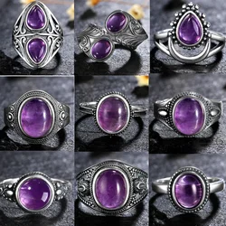 Luxury Vintage Ring Natural Amethyst Rings 925 Sterling Silver Jewelry Wedding Anniversary Party Ring Gifts for Women