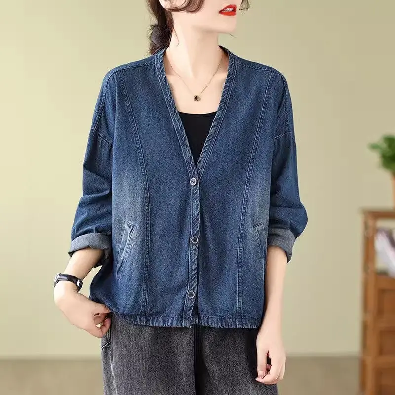 Spring and Autumn Long Sleeve Retro Denim Coat Women's Casual Loose Korean Edition Fashion Trendy Top Jeans Jaqueta K1747