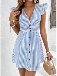 Vestido feminino com decote em v com peito único, vestidos de manga comprida, emenda elegante, estampa listrada, estilo praia, verão