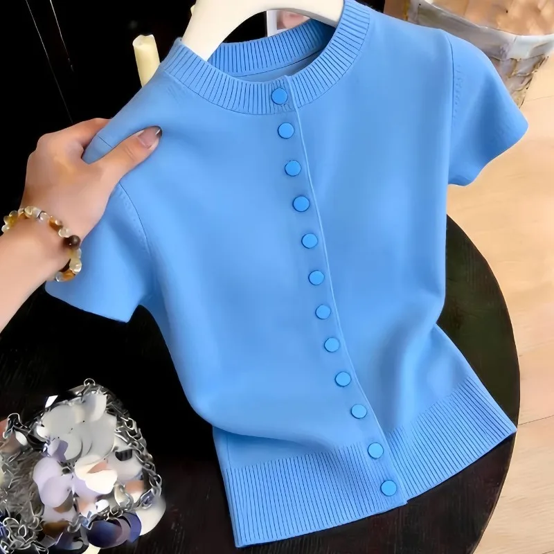High Quality Women's Cardigan New 2026 Summer Short Sleeve Blue Temperament Female Knitted Sweater Casual Loose Ladies Tops