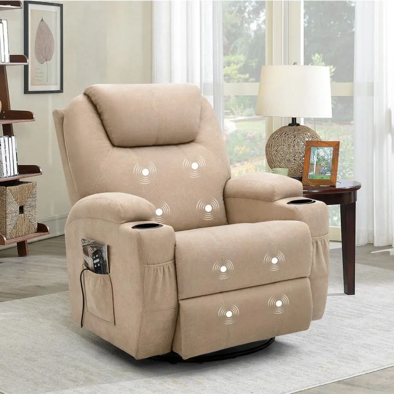 Massage Swivel Ergonomic Lounge Chair Classic Single Sofa,2 Cup Holders Side Pockets Living Room Chair Home Theater Seat (Beige)