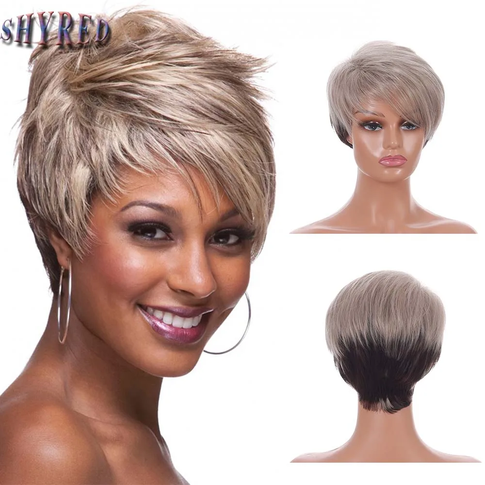 

Short Straight Ombre Mixed Grey Wig with Bang for Women Halloween Cosplay Synthetic Hair Heat Resistant Wigs