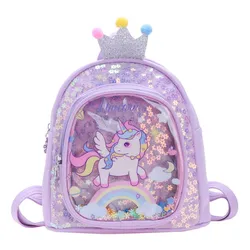 Moda infantil pequena mochila menina bonito princesa mochila pu brilhante dos desenhos animados mochila ao ar livre