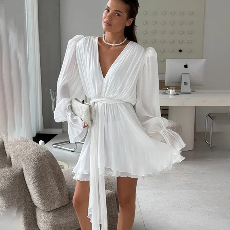 

Ticketsx Sexy V-Neck Lace Up Long Sleeve Ruched Mini Dress Fashion Loose White Women Dress Elegant Party Clubwear Female Dress