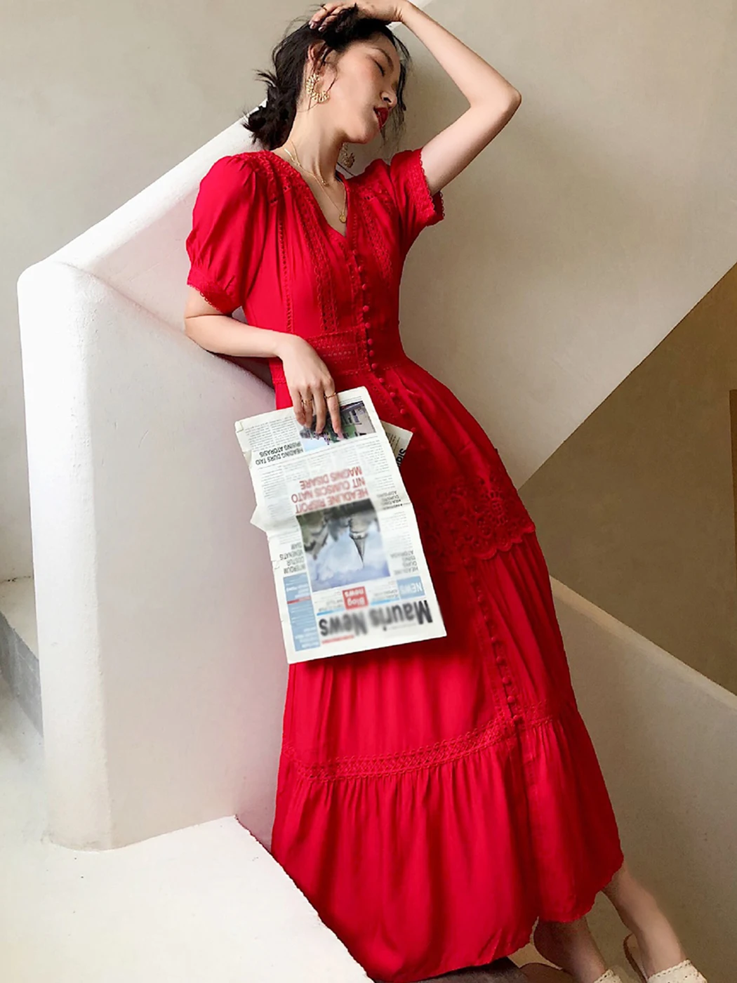 Red Button V-Neck Short Sleeve Summer Dress Women Chic Patchwork Lace Cotton Elegant Long Maxi Dresses Boho Beach Vestidos