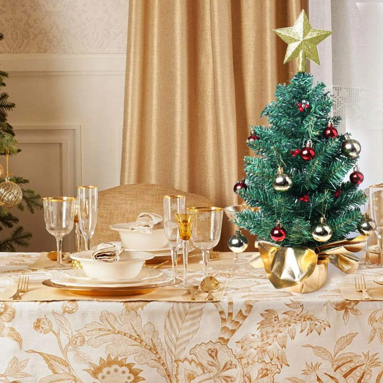 Stunning 24 Inch Beautiful Mini Xmas Pine Tree with Festive Ornaments and LED String Lights, Perfect Tabletop Christmas Tree for