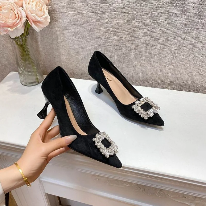 

Women's Black Suede High Heels Pointed Toe Pumps with Rhinestone Square Buckle Elegant Office Dress Shoes