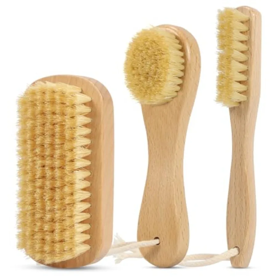 3-Piece Laundry Brush for Stains on Clothes, Gentle Boar Bristl Laundry Scrub Brush Stain Remover for Delicate and Everyday Fab
