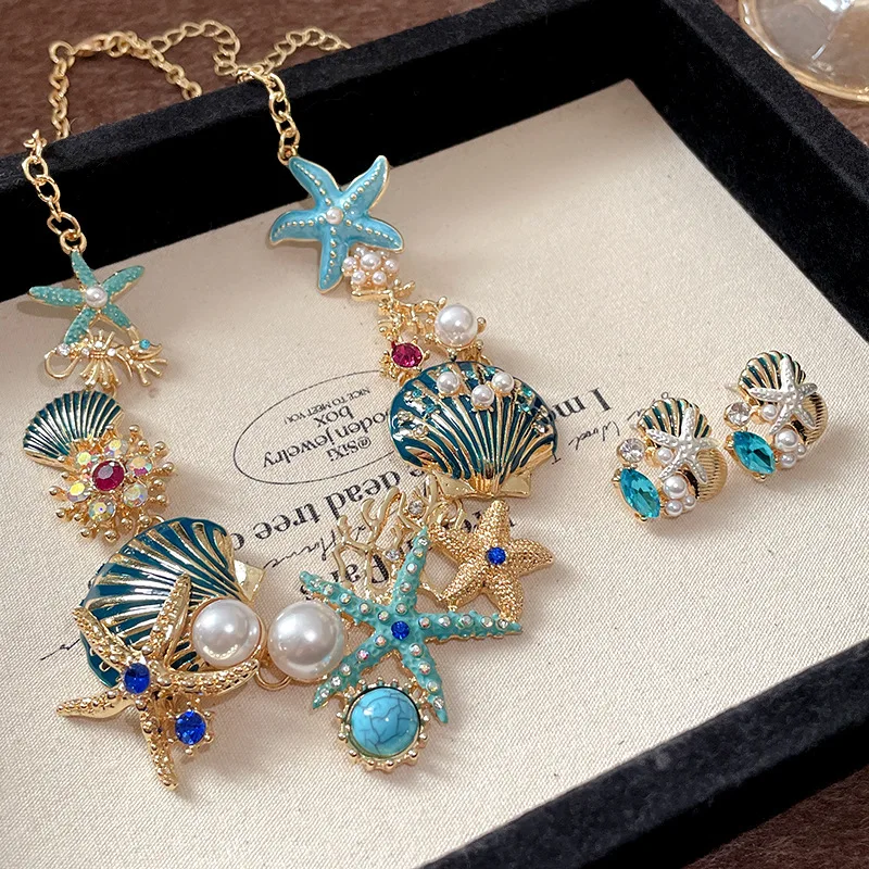 1/2 Pcs Starfish Shell Rhinestones Chokers Necklaces for Wom