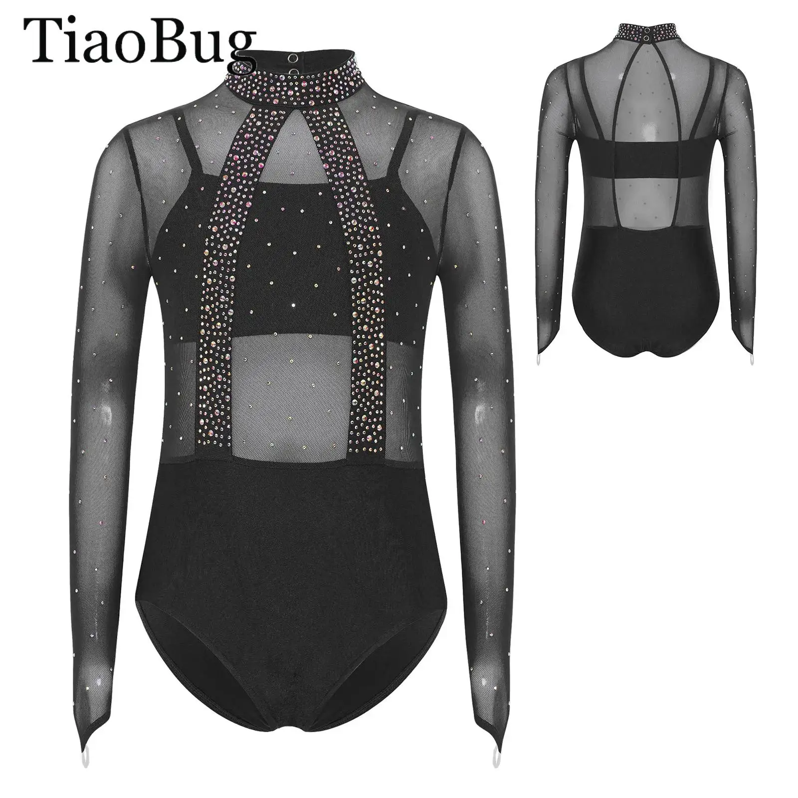 

Girls Long Sleeve Rhinestones Ballet Dance Outfits Figure Skating Gymnastic Leotard Bodysuit Sheer Mesh Bodice Jumpsuit Camisole