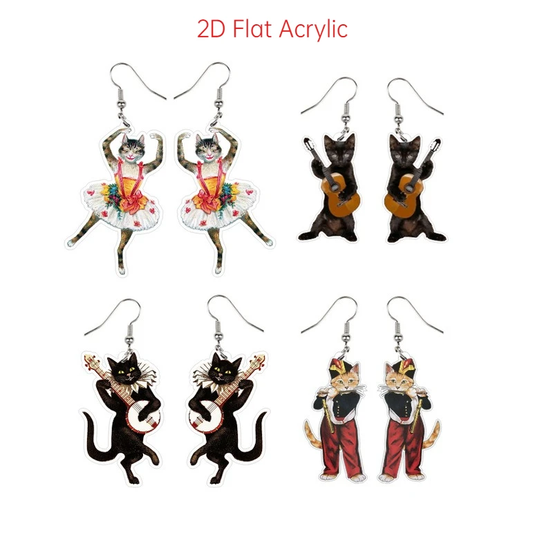 Cute Vintage Musician Cat 2D Flat Acrylic Drop Earrings Ballet Dancer Guitar Banjo Cat Dangle Earrings Jewelry Gift for Women
