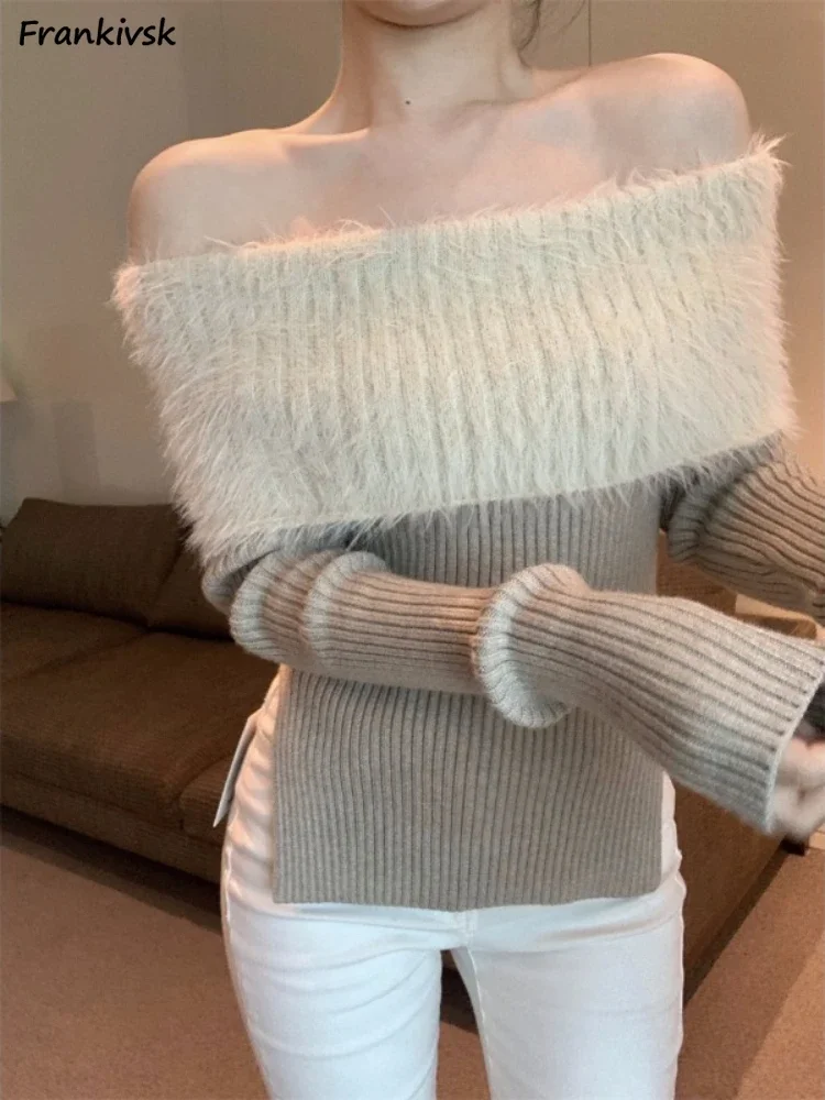 

Sweaters Women Slim Sexy Temperament Side Slit Panelled Prevalent Slash Neck Advanced Streetwear Holiday Elegant Off Shoulder