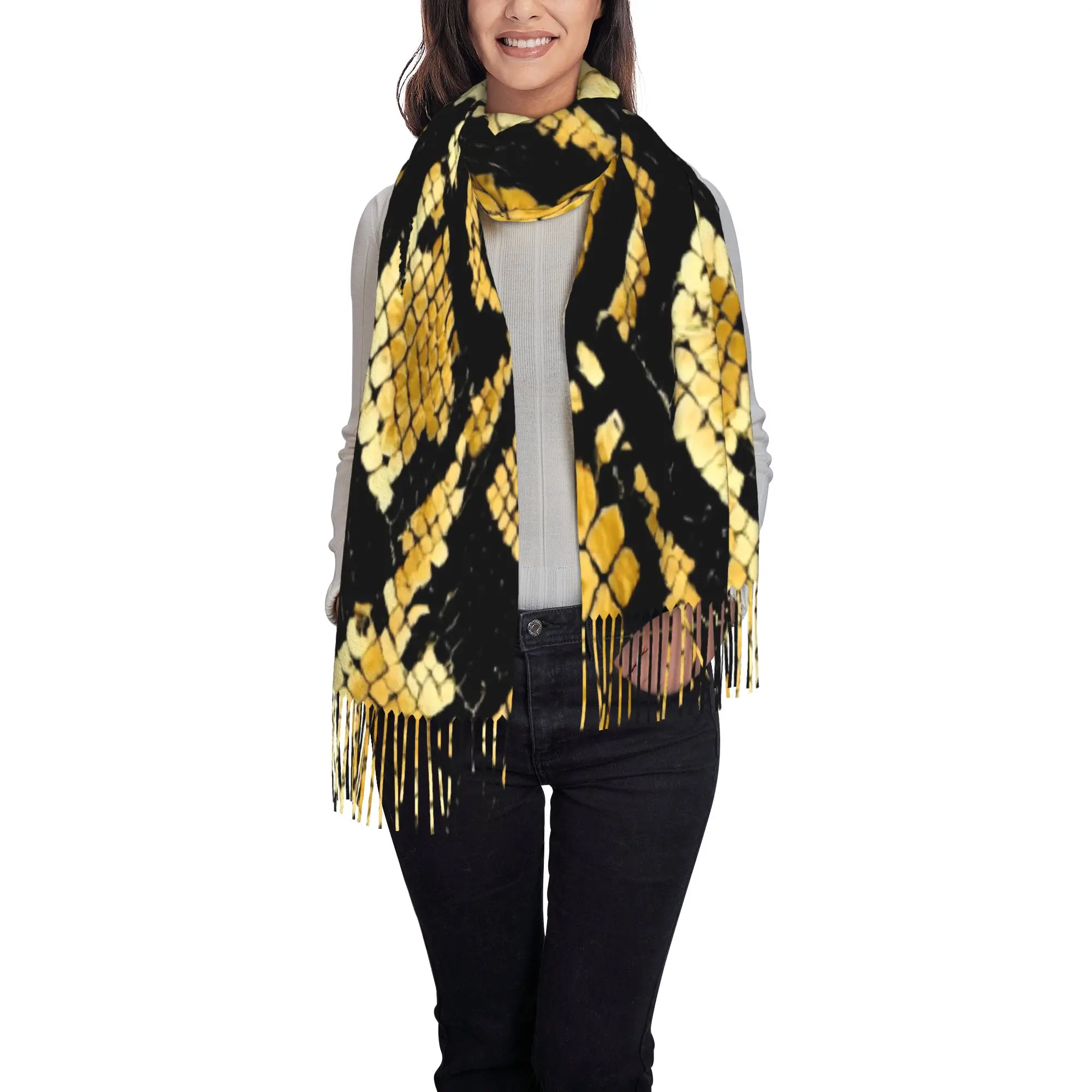 Golden Snake SkinTassel Scarf Fur Print Fall Fashionable Thermal Birthday Gift Hijab