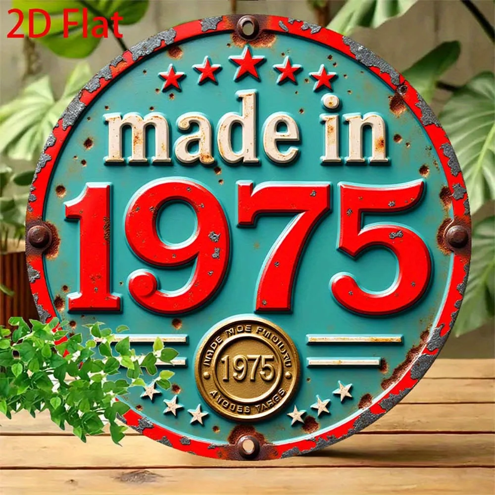 2D flach, 1 Stück Vintage 1975 Retro rundes Aluminium-Blechschild Wandkunst – 20,32 x 20,32 cm, rustikales Metallschild mit Sternen und verwitterter Flosse